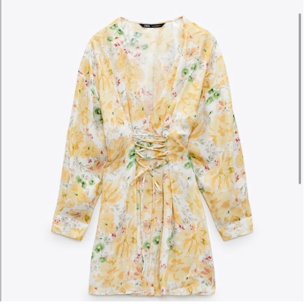 Zara lace up yellow floral sundress satin